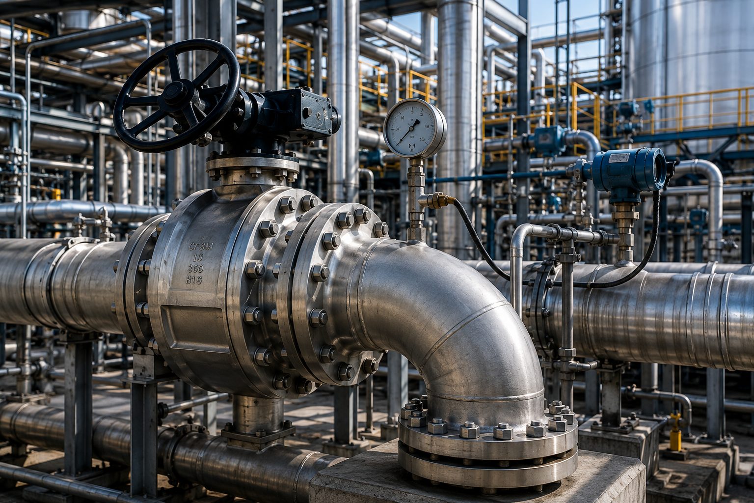Industrial process equipment with valve, gauge and piping