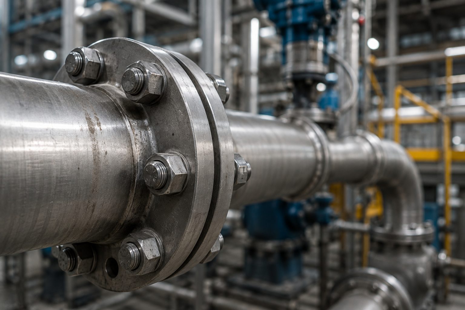 Close detail of industrial piping flanges and bolts