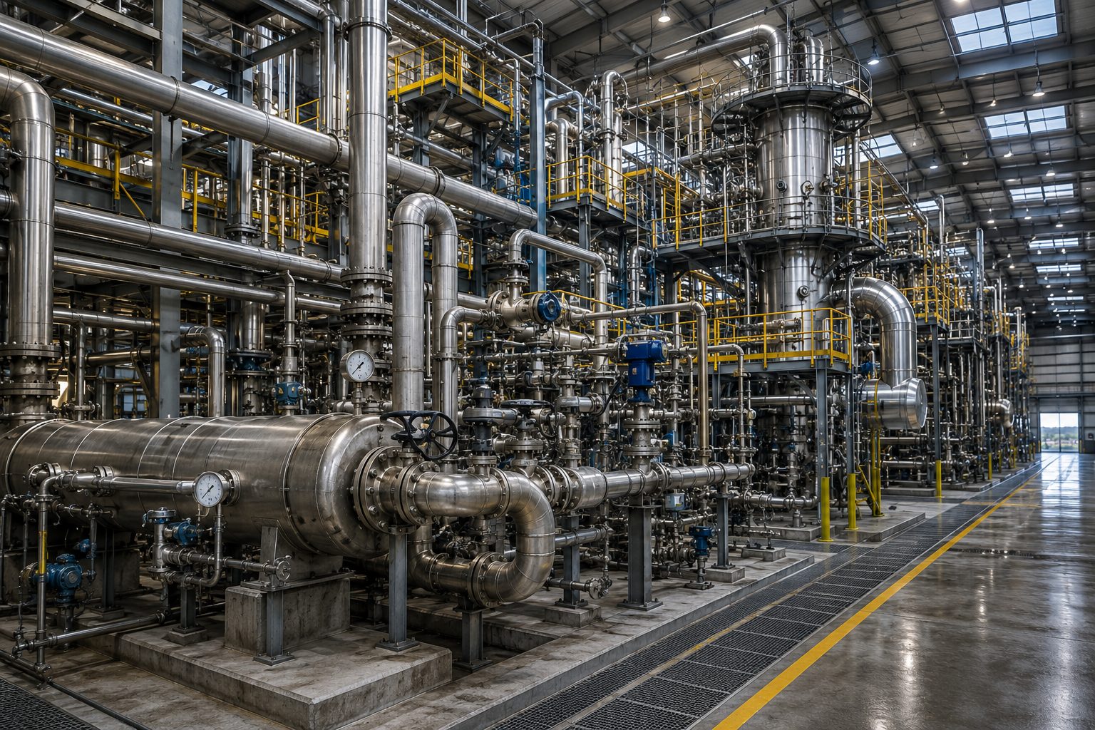 Industrial process environment with extensive piping and steel structure